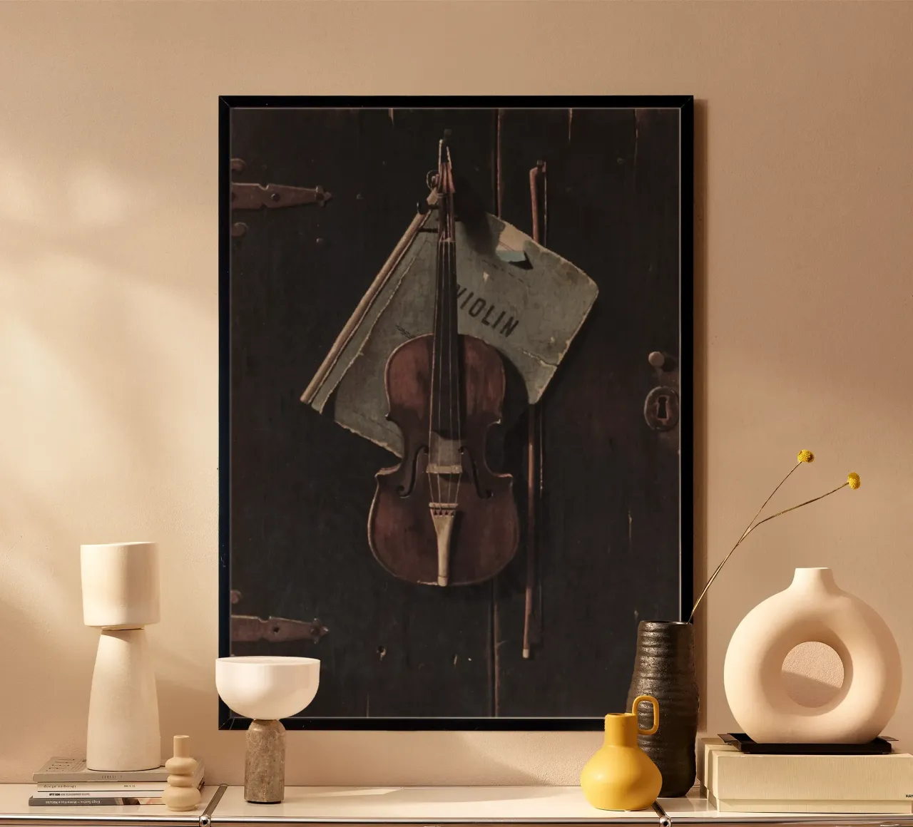 William Harnett Violine Trompe-l'Oeil Stillleben Poster mit Kunststoffrahmen von vintagepod