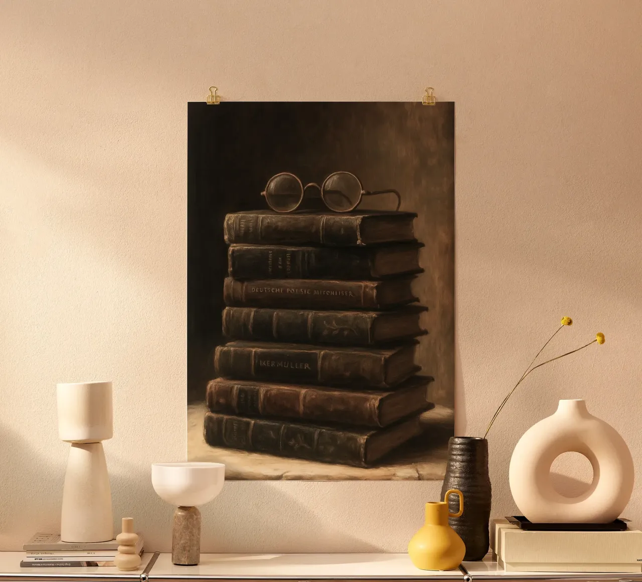 Natura morta con libri e occhiali Dark Academia poster con telaio in alluminio da vintagepod