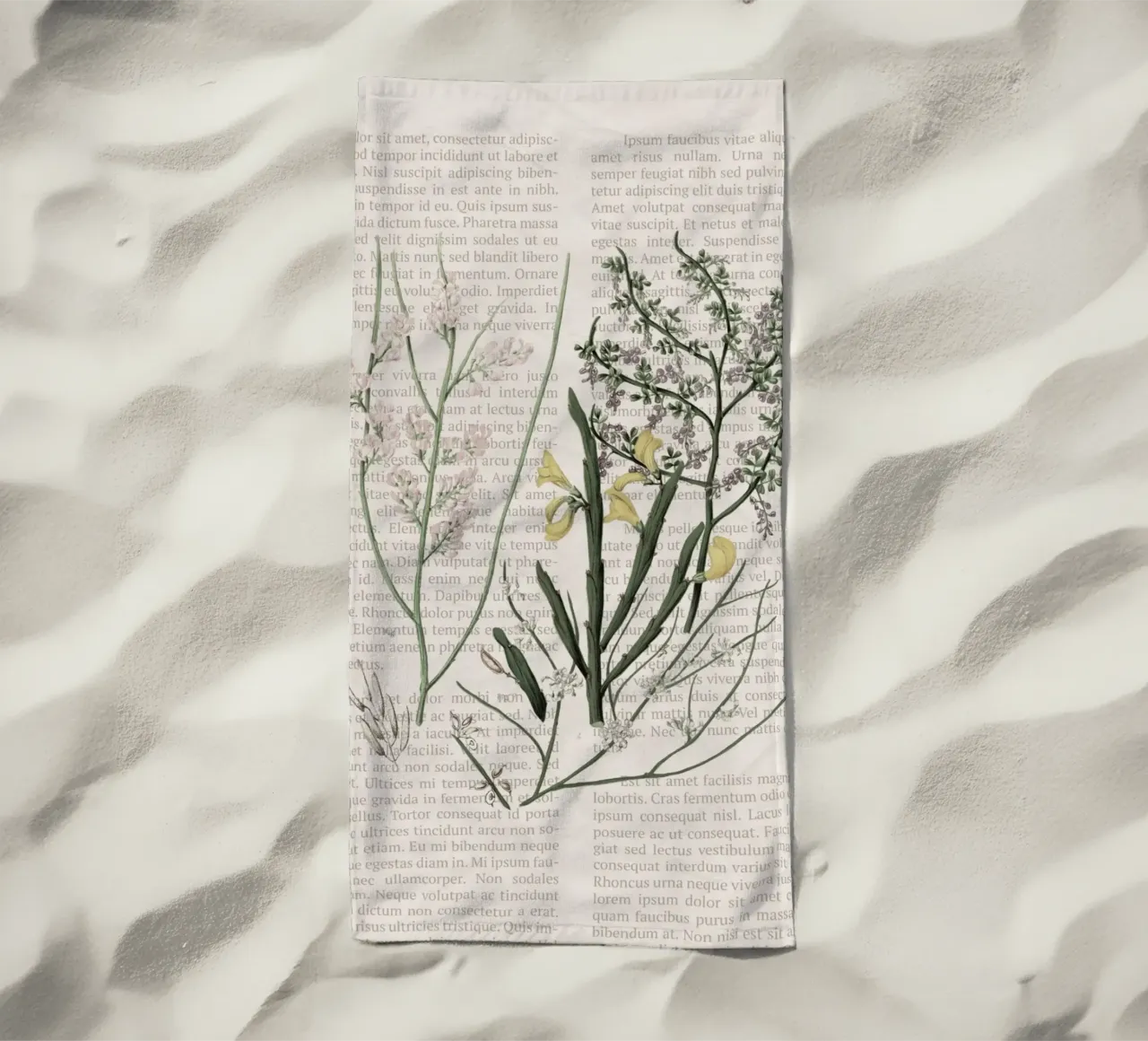 Poster botanico d'epoca su Iris e Baby's Breath telo mare da vintagepod