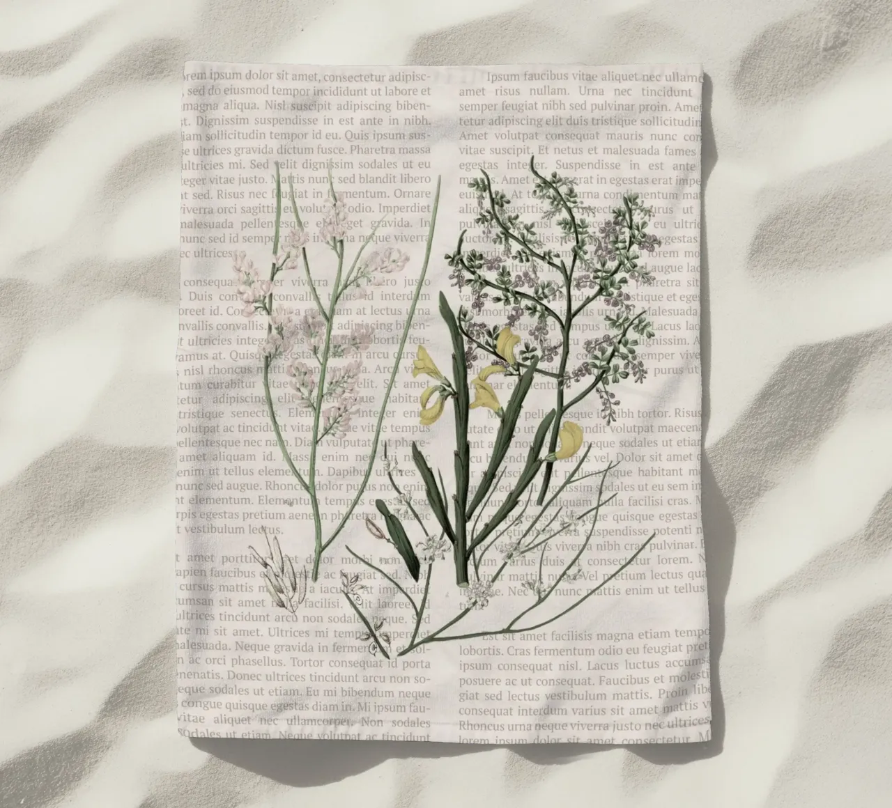 Poster botanico d'epoca su Iris e Baby's Breath telo mare da vintagepod