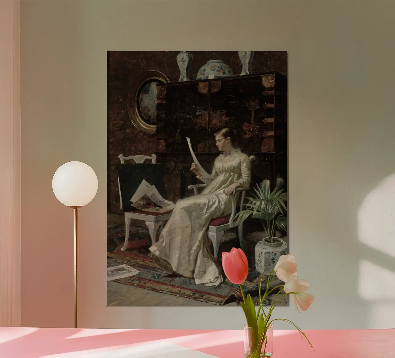 Donna d'epoca che legge una lettera di G. C. A. poster con telaio in alluminio da vintagepod