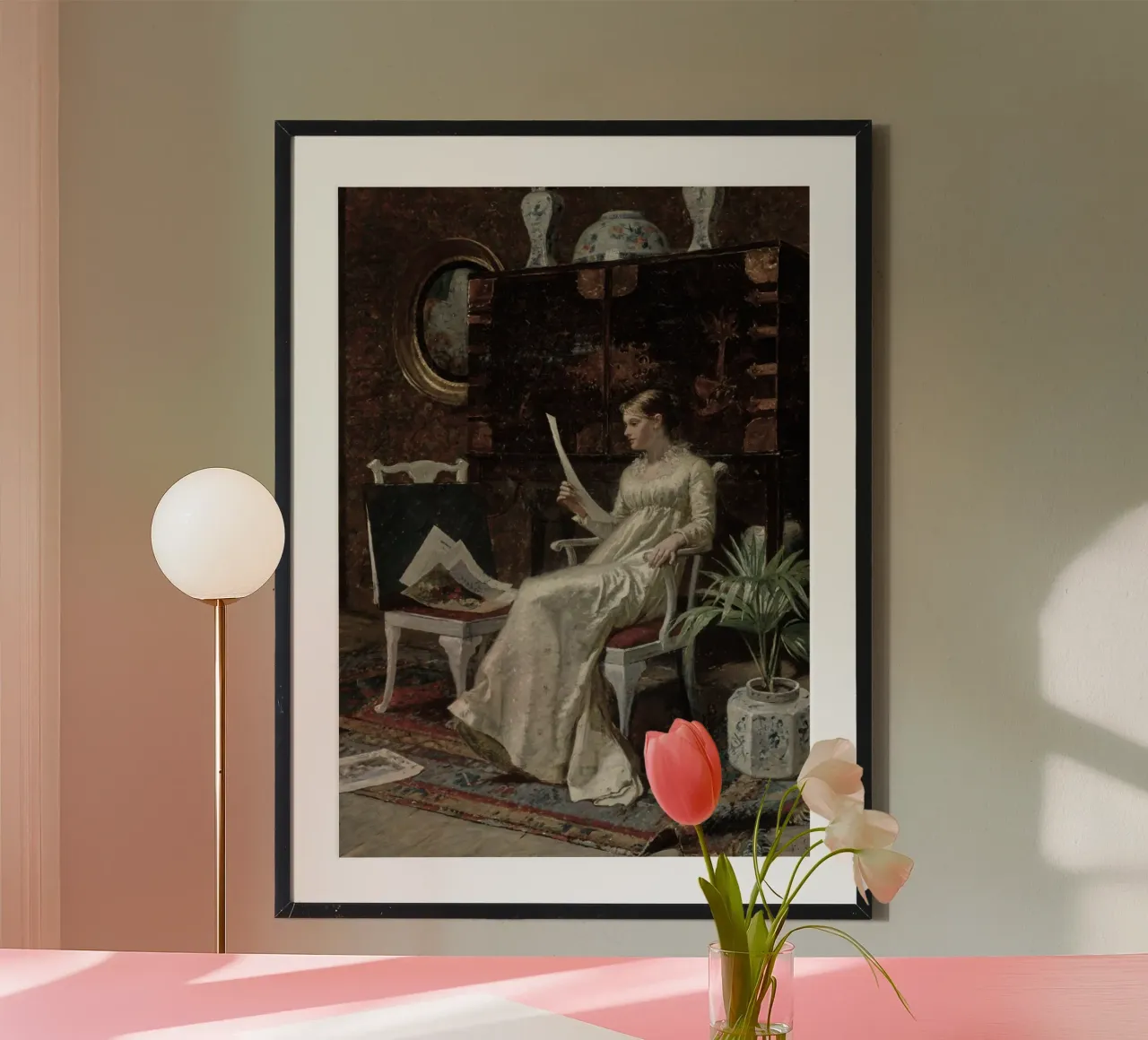 Donna d'epoca che legge una lettera di G. C. A. poster con telaio in alluminio da vintagepod