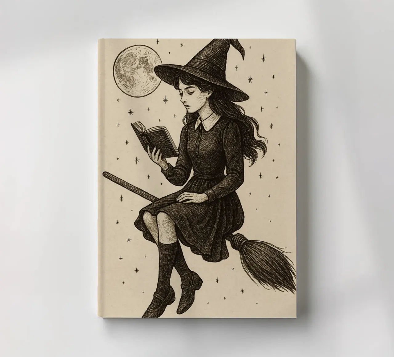 Witch Reading on Broomstick Dark Academia Art notebook by vintagepod