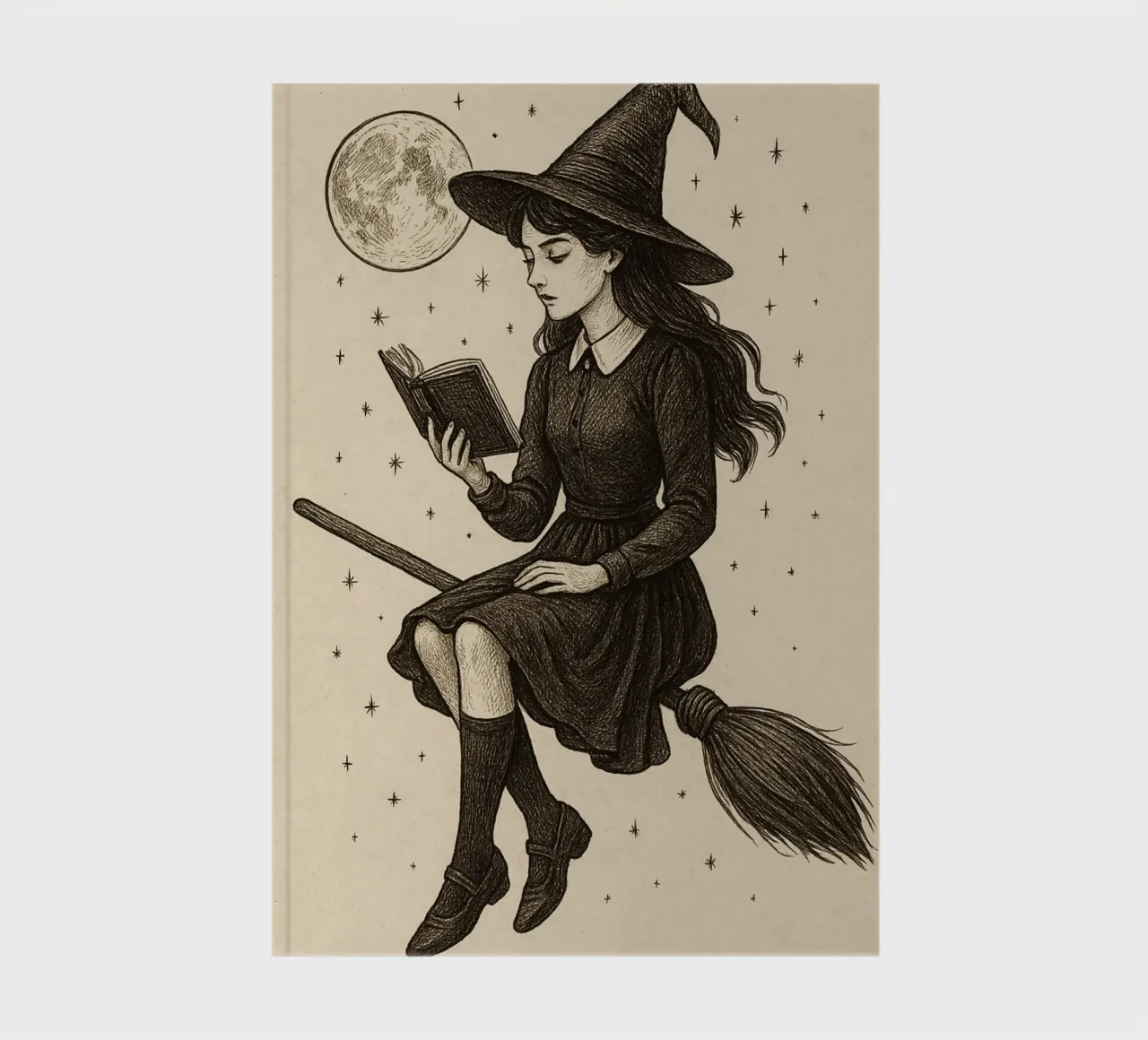 Witch Reading on Broomstick Dark Academia Art notebook by vintagepod