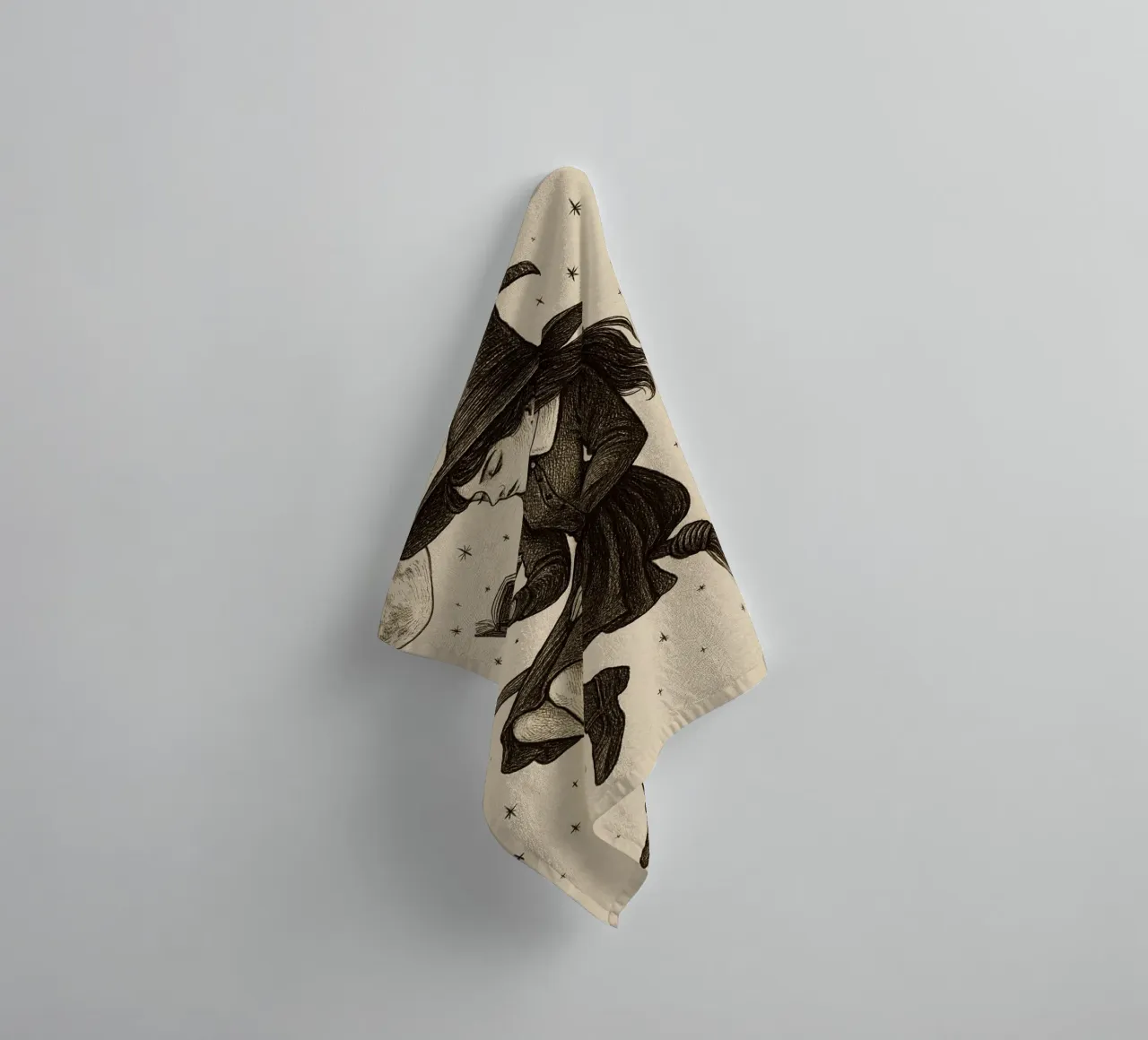 Witch Reading on Broomstick Dark Academia Art towel by vintagepod