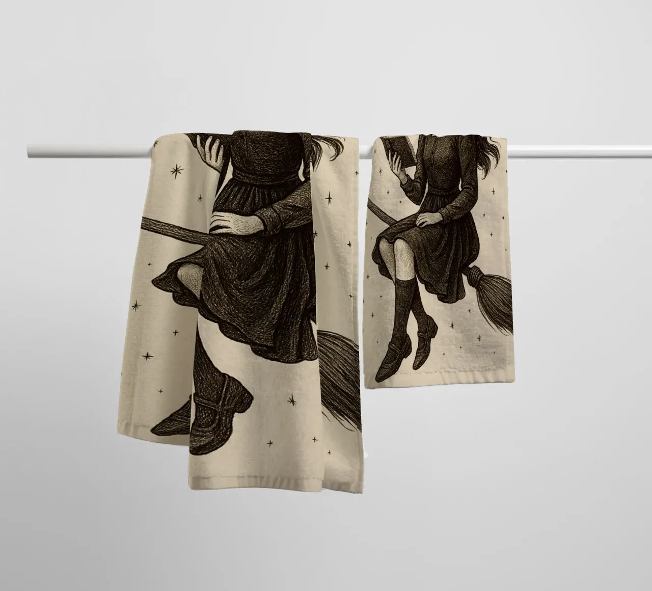 Witch Reading on Broomstick Dark Academia Art towel by vintagepod