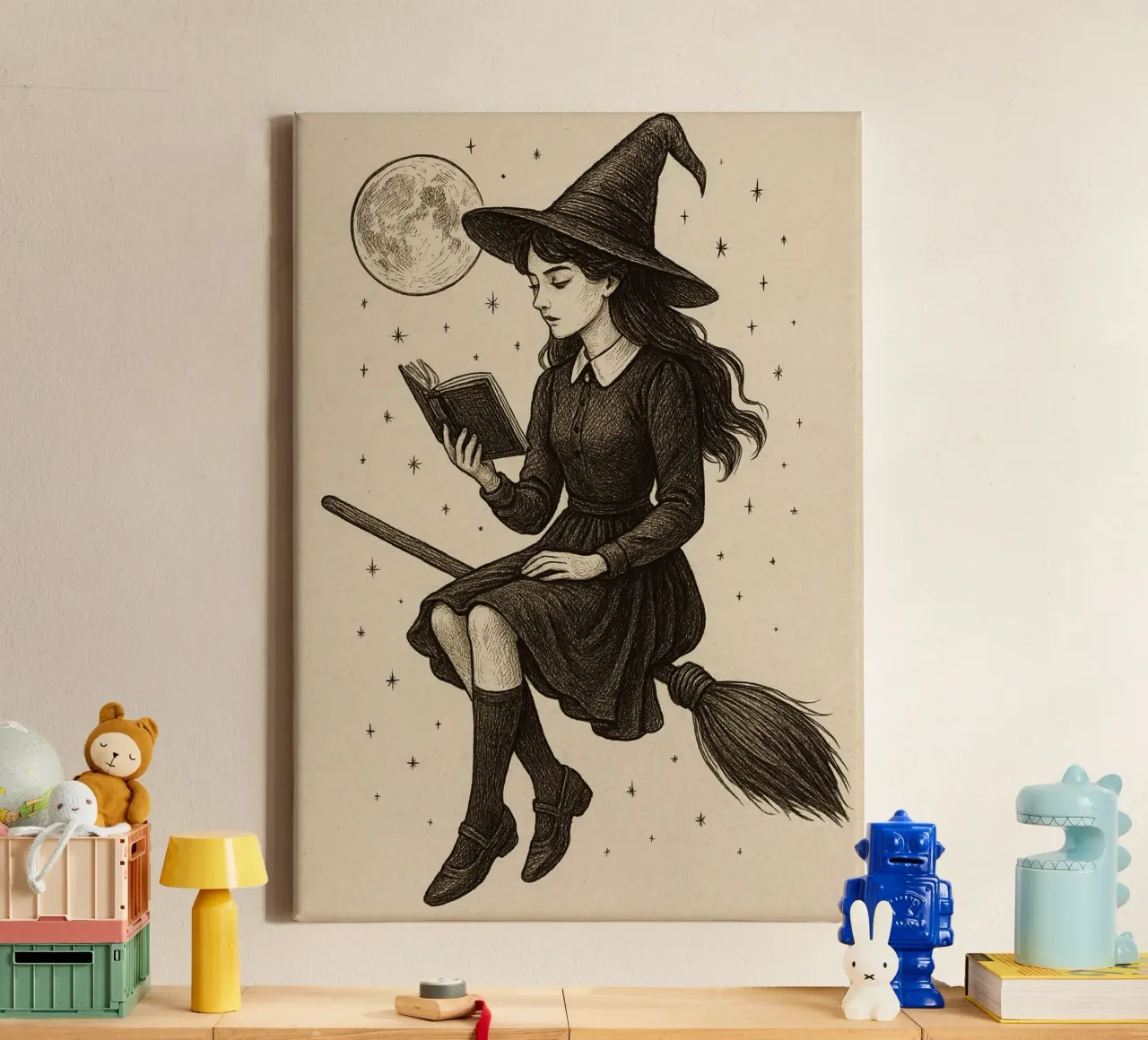 Witch Reading on Broomstick Dark Academia Art canvas with Floater frame by vintagepod