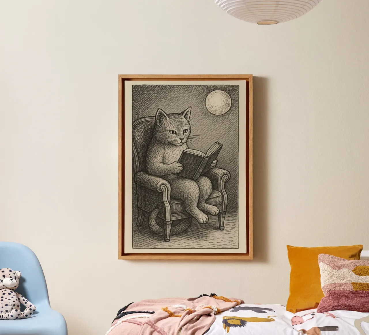 Cat Reading Book in Chair Dark Academia Art canvas with Floater frame by vintagepod