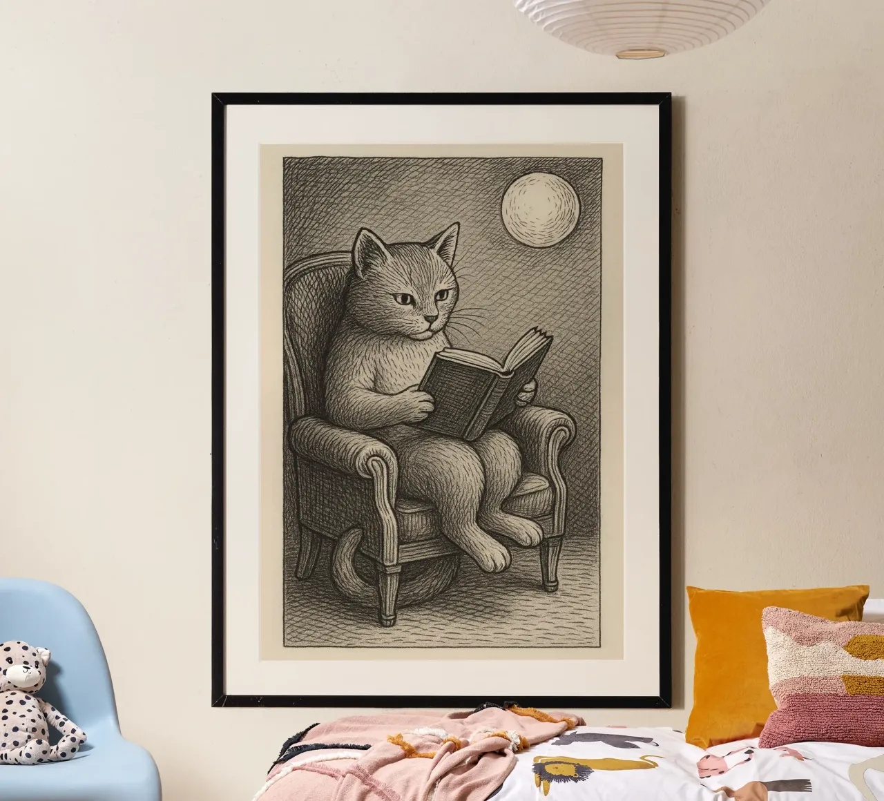 Gatto che legge un libro sulla sedia Dark Academia Art poster con telaio in alluminio da vintagepod