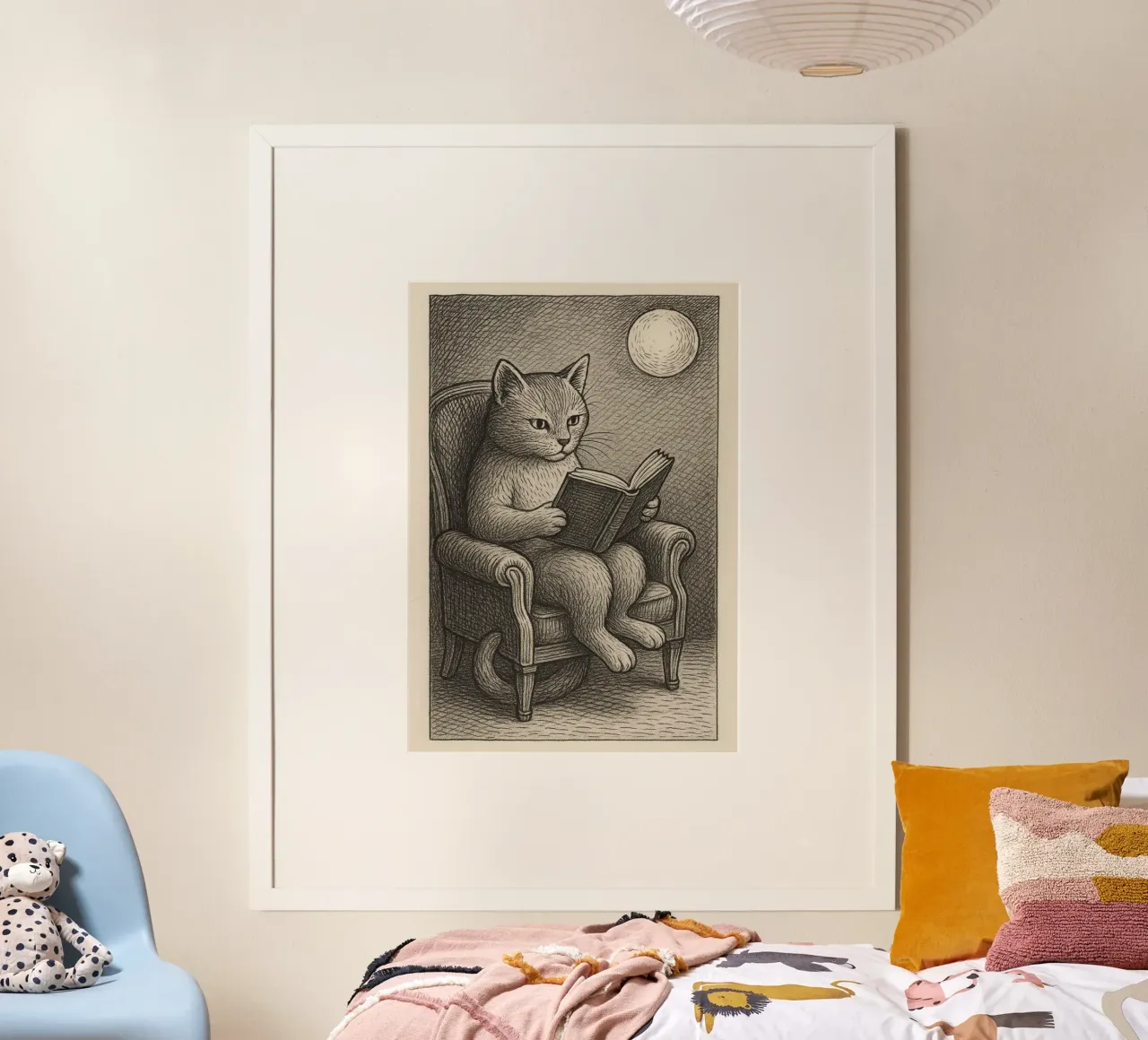 Gatto che legge un libro sulla sedia Dark Academia Art poster con telaio in alluminio da vintagepod