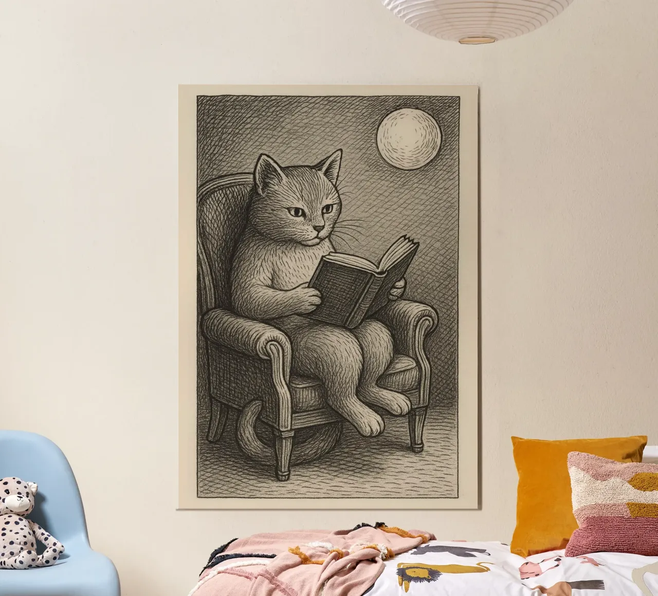 Gatto che legge un libro sulla sedia Dark Academia Art poster con telaio in alluminio da vintagepod