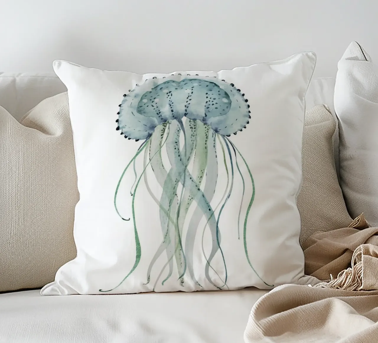 Jellyfish Watercolor Coastal Marine Life Poster decorative cushion by dawnthesea