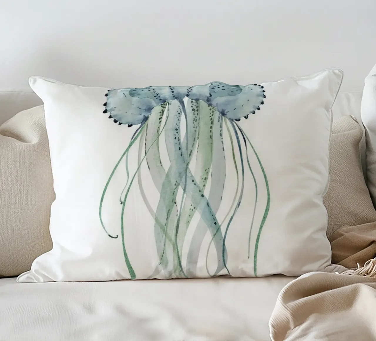 Jellyfish Watercolor Coastal Marine Life Poster decorative cushion by dawnthesea