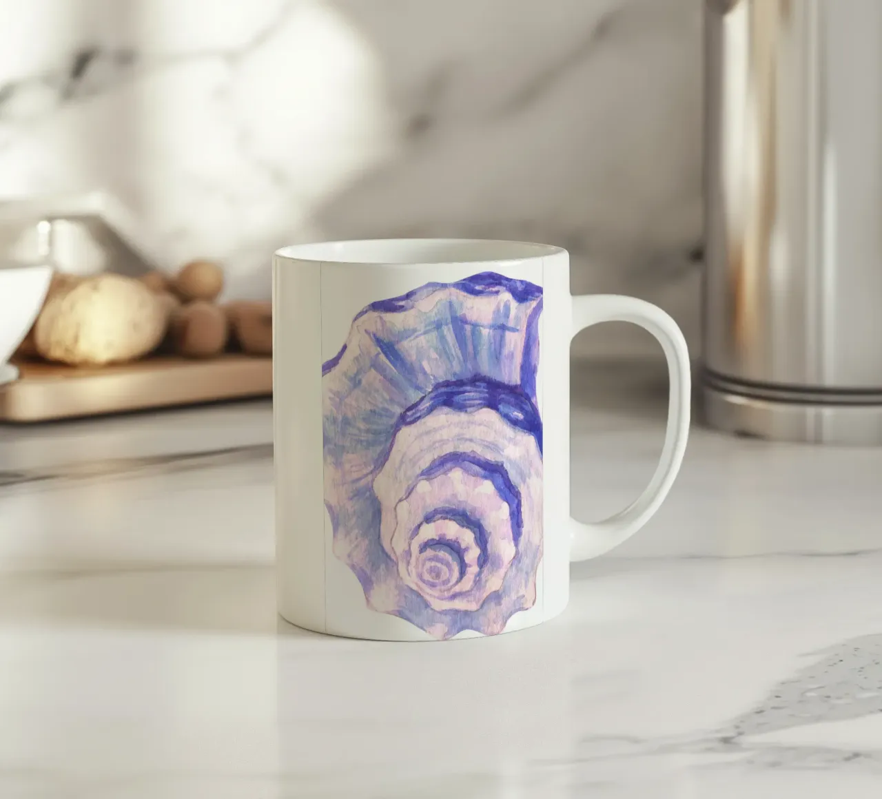 Poster Nautilus Shell acquerello blu e viola tazza in ceramica da dawnthesea