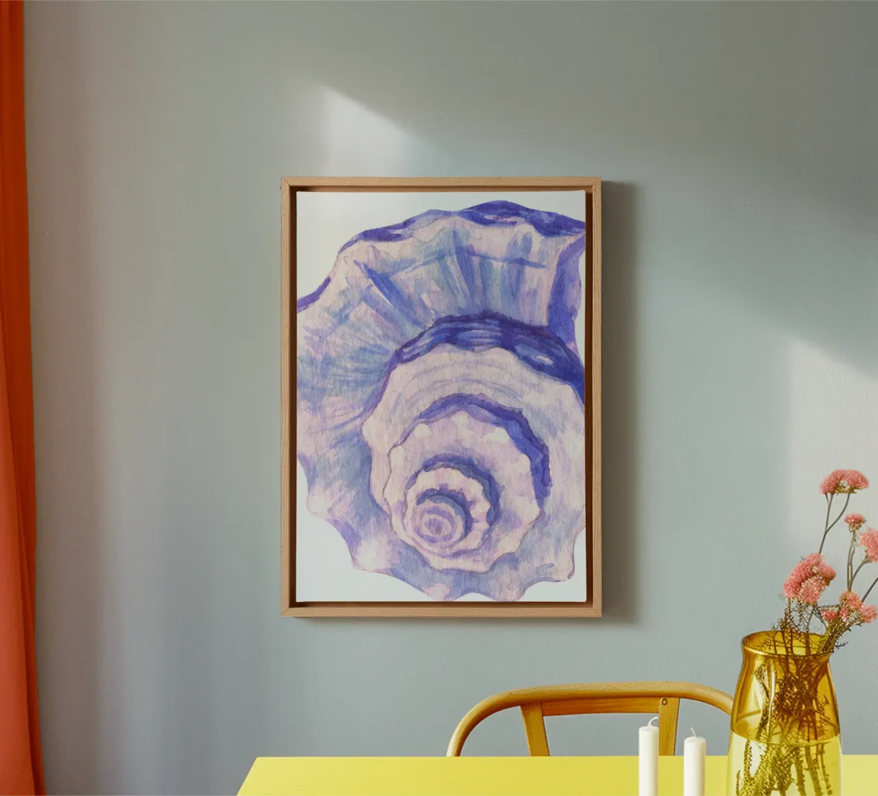 Poster Nautilus Shell acquerello blu e viola tela con Cornice a cassetta da dawnthesea