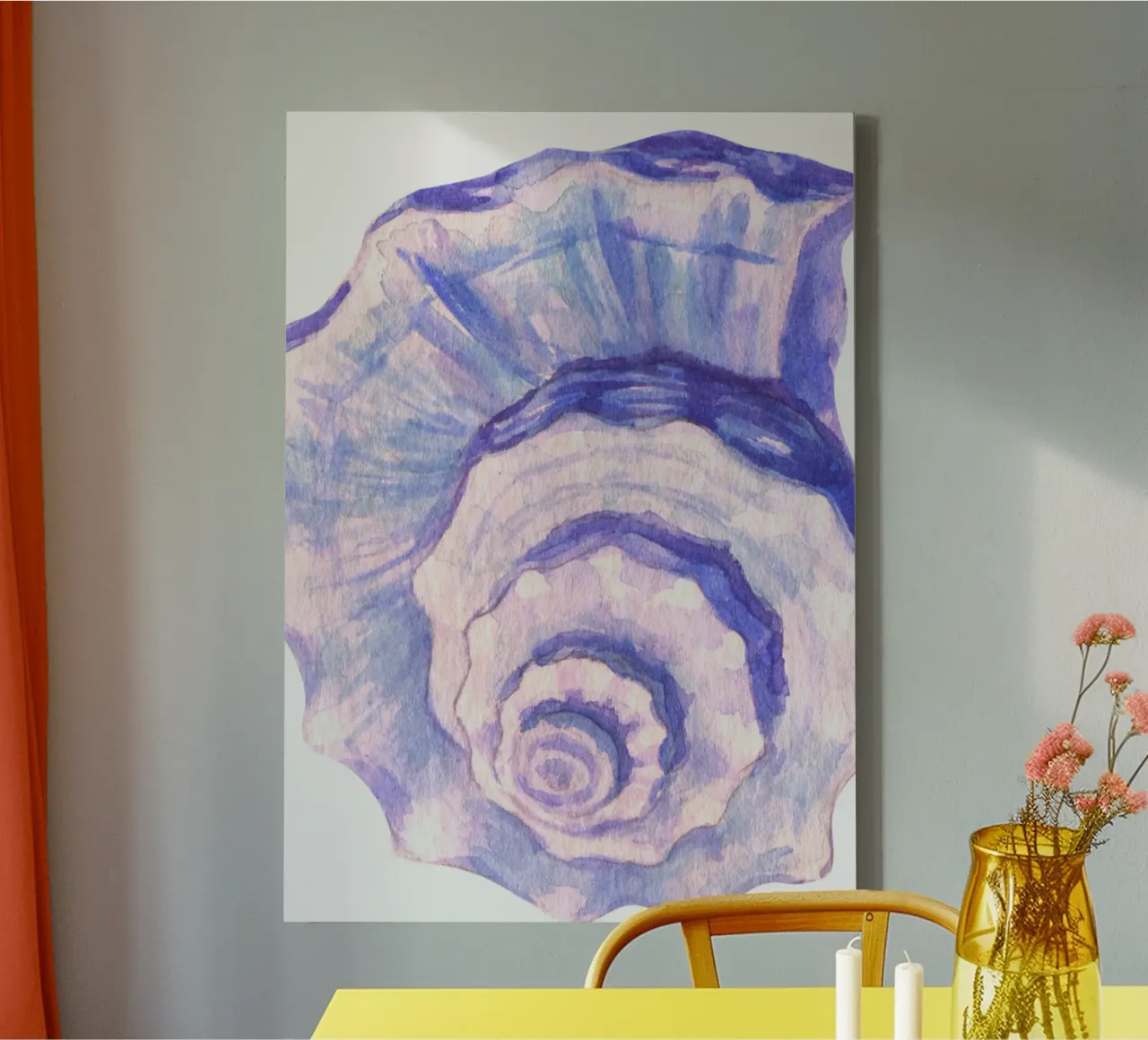Poster Nautilus Shell acquerello blu e viola tela con Cornice a cassetta da dawnthesea