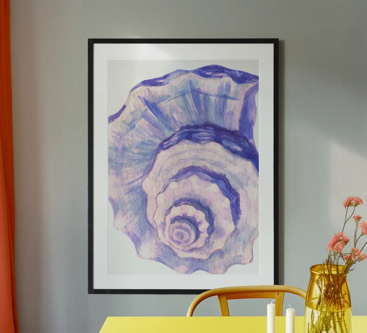 Poster Nautilus Shell acquerello blu e viola poster con telaio in alluminio da dawnthesea