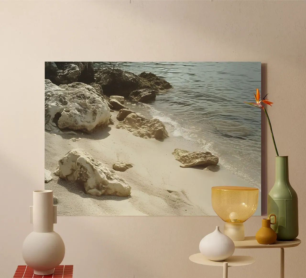 Spiaggia rocciosa, sabbia, oceano, acqua, poster panoramico tela con Cornice a cassetta da dawnthesea
