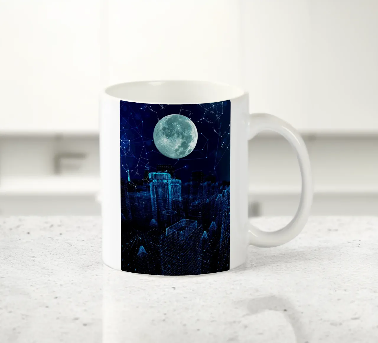Paesaggio urbano digitale con luna e rete tazza in ceramica da Berwies Artwork