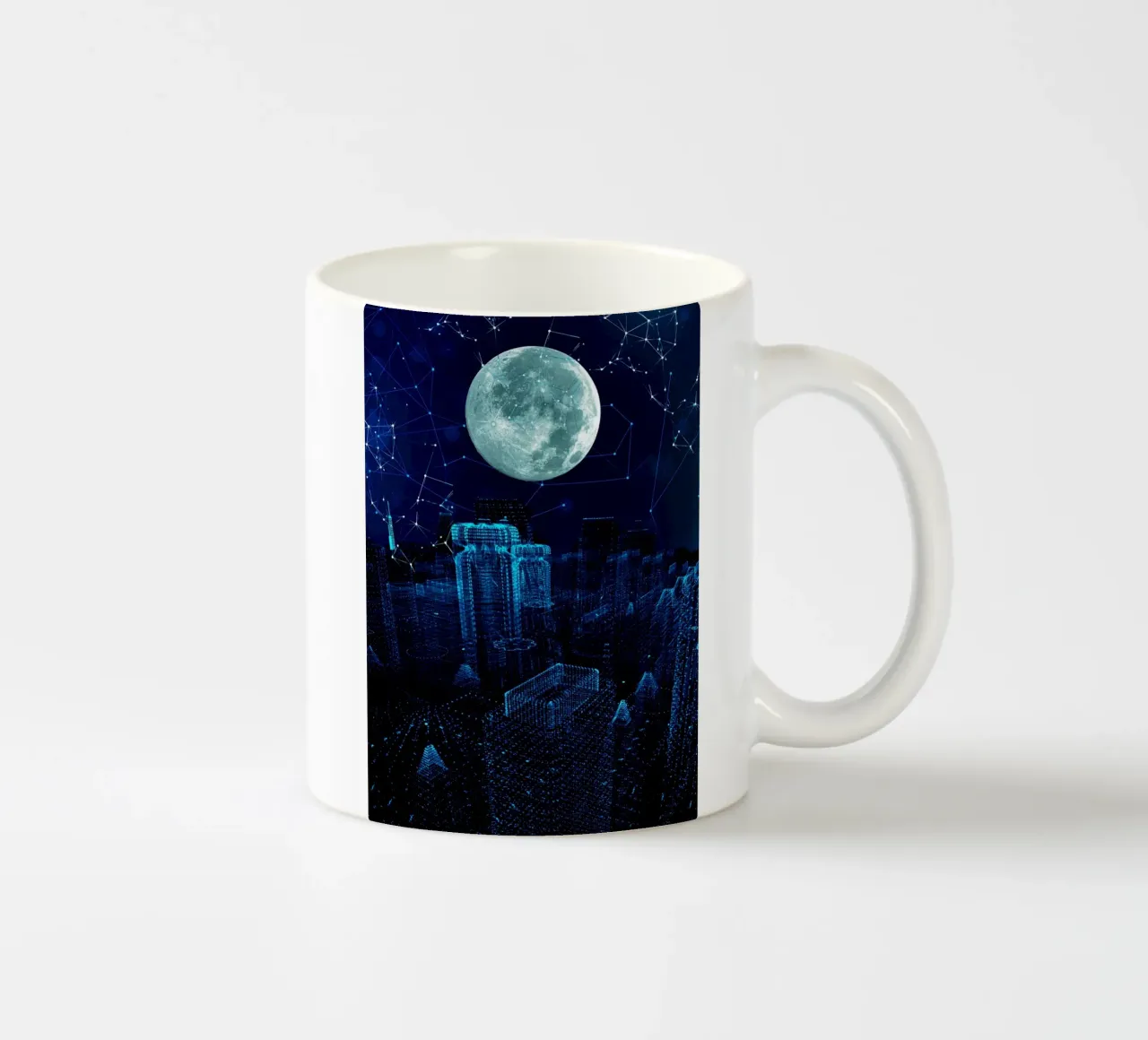 Paesaggio urbano digitale con luna e rete tazza in ceramica da Berwies Artwork