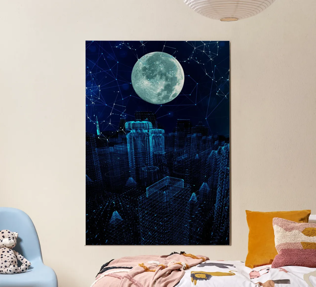 Paisaje urbano digital con luna y red aluminio dibond de Berwies Artwork