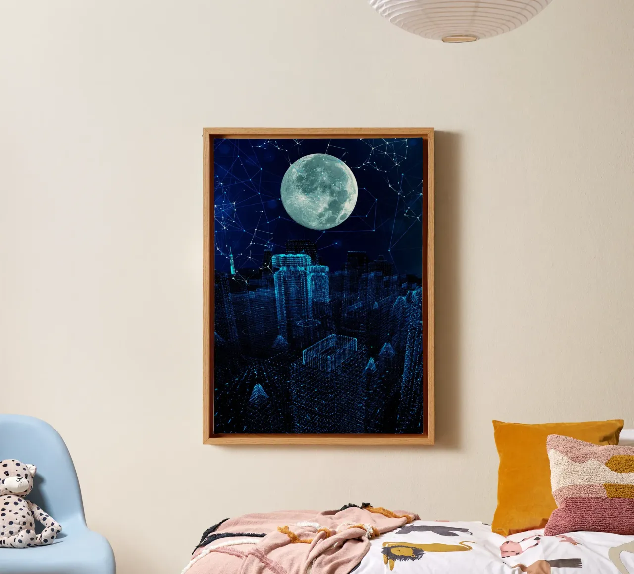 Paesaggio urbano digitale con luna e rete tela con Cornice a cassetta da Berwies Artwork