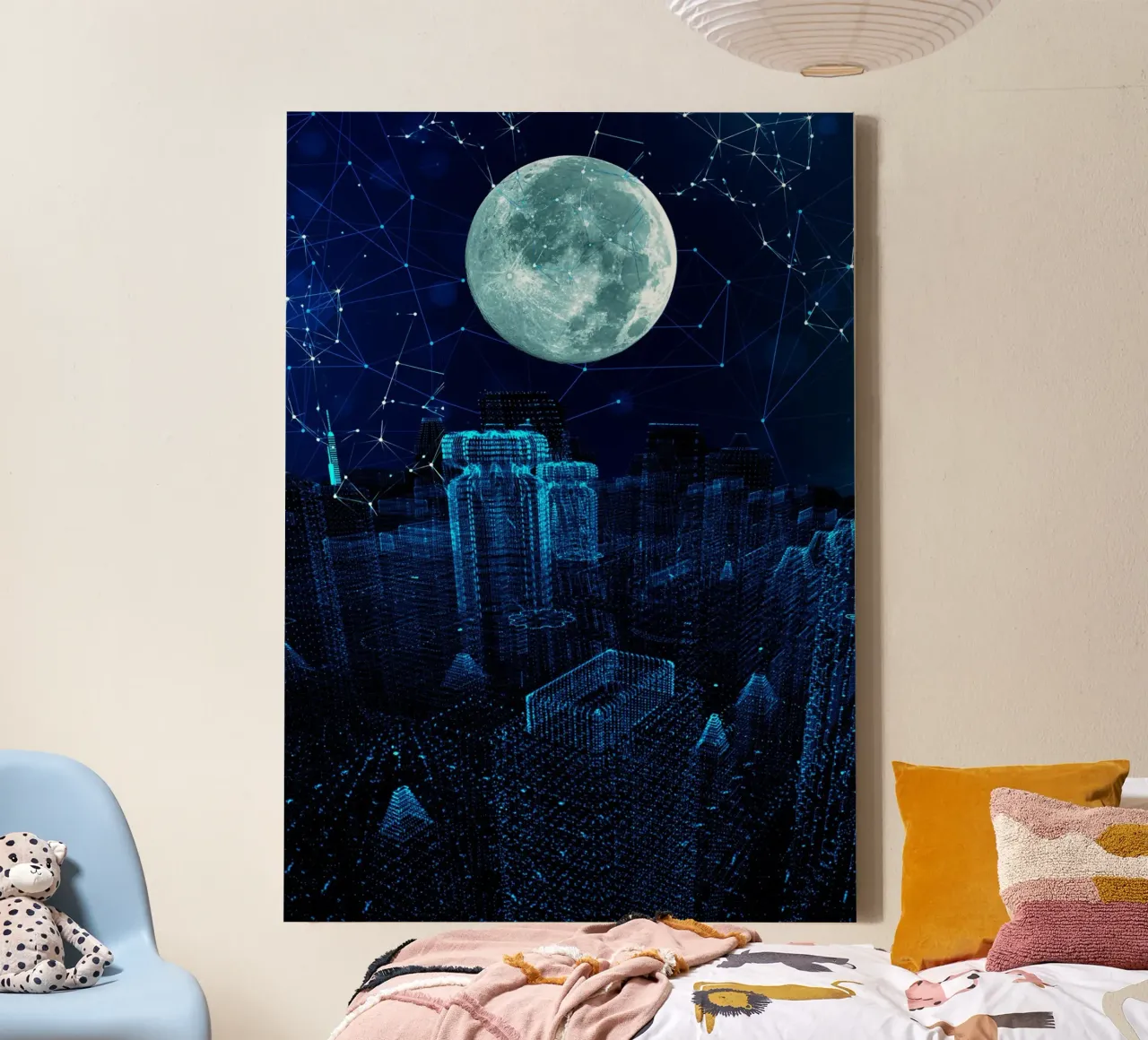 Paesaggio urbano digitale con luna e rete tela con Cornice a cassetta da Berwies Artwork