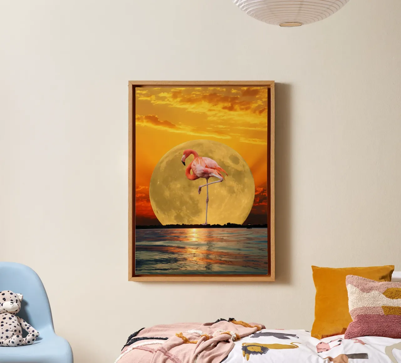 Flamingo standing in water with moon canvas with Floater frame by Berwies Artwork