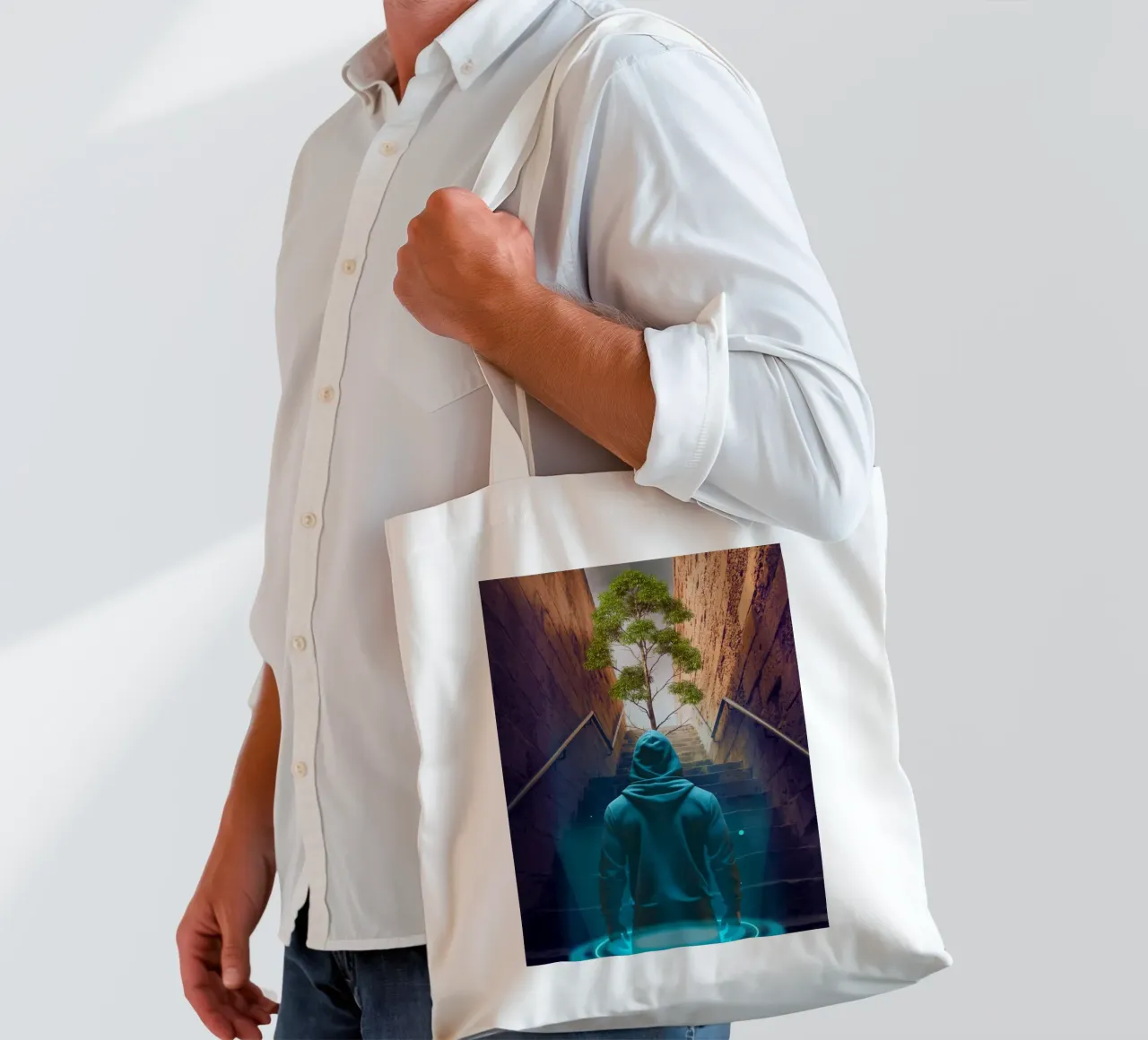 Hooded Figure Ascending Stairs to Tree tote bag by Berwies Artwork