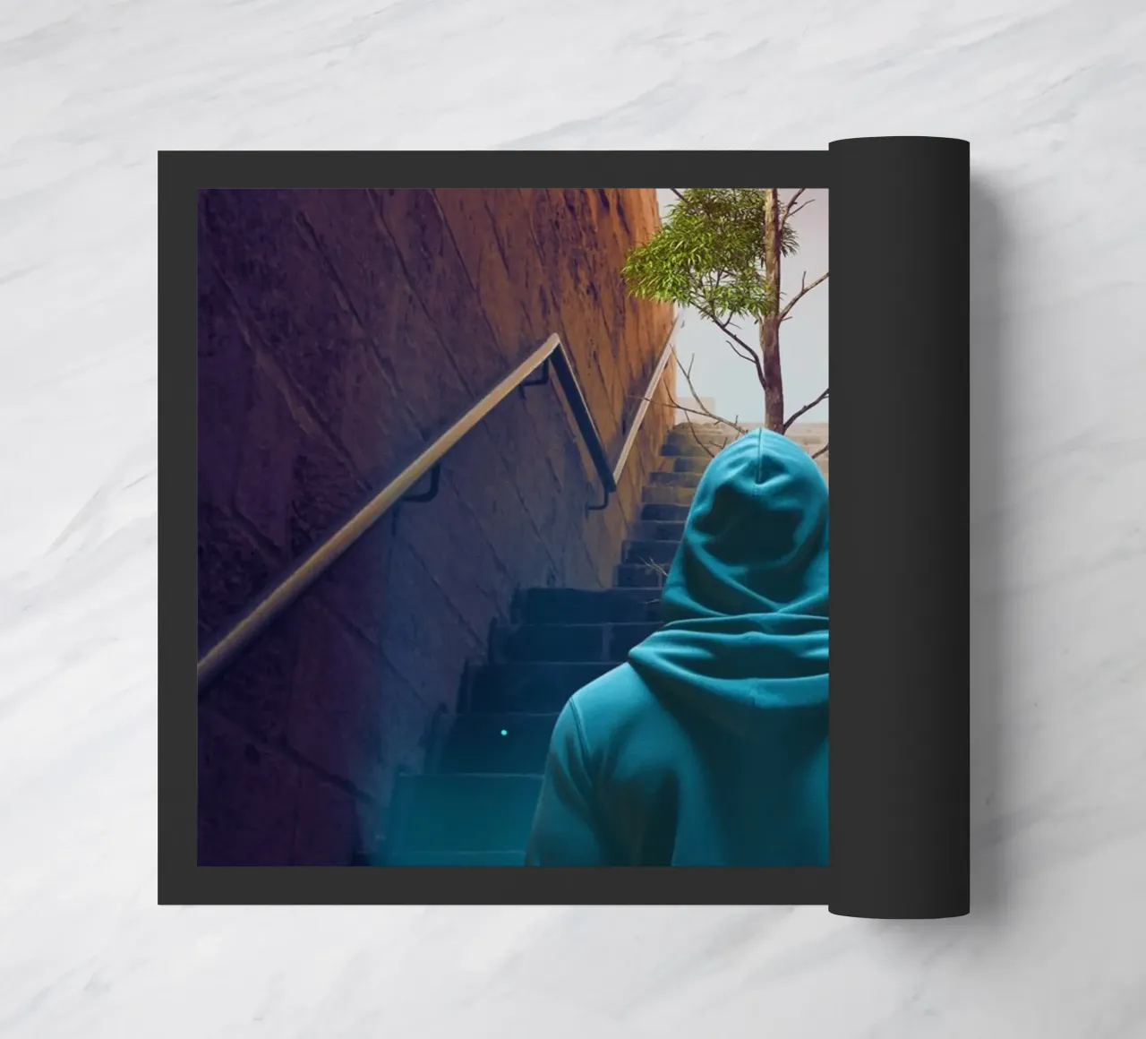 Hooded Figure Ascending Stairs to Tree doormat by Berwies Artwork