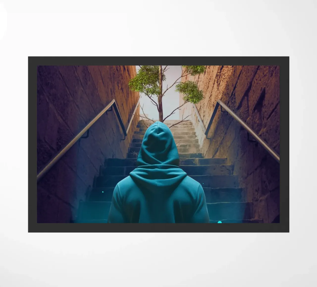 Hooded Figure Ascending Stairs to Tree doormat by Berwies Artwork