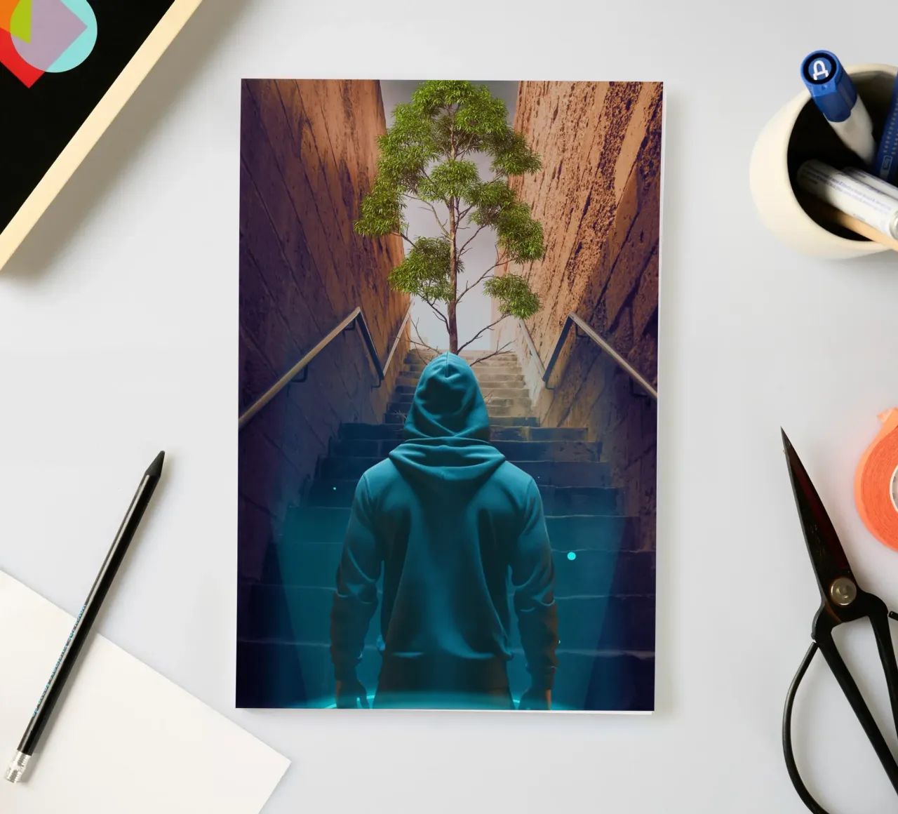 Hooded Figure Ascending Stairs to Tree notebook by Berwies Artwork