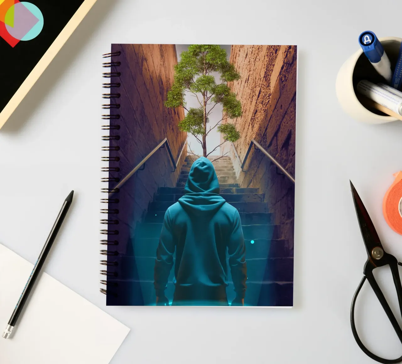 Hooded Figure Ascending Stairs to Tree spiral notebook by Berwies Artwork