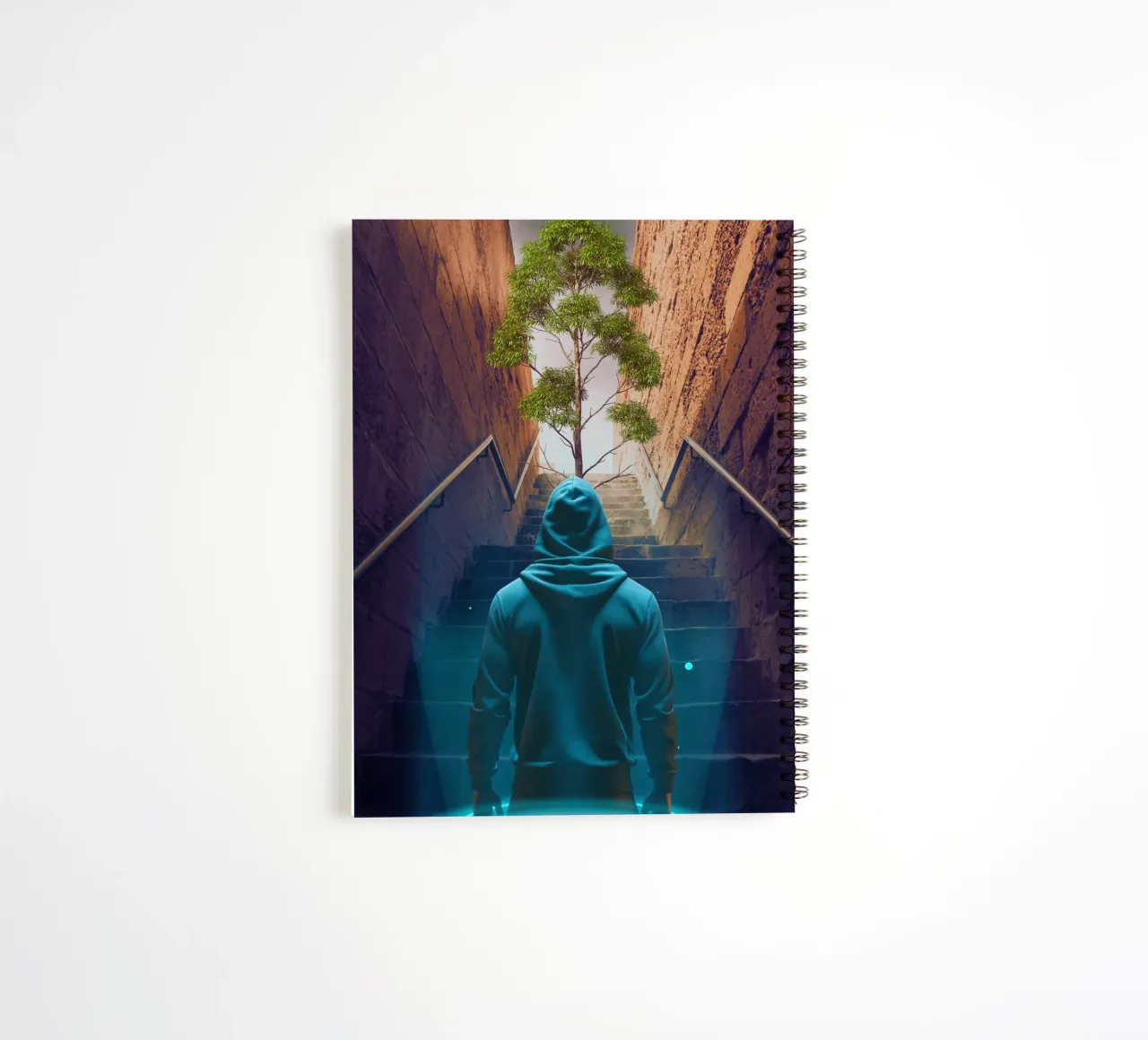Hooded Figure Ascending Stairs to Tree spiral notebook by Berwies Artwork
