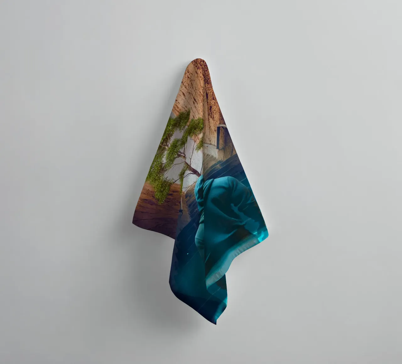 Hooded Figure Ascending Stairs to Tree towel by Berwies Artwork