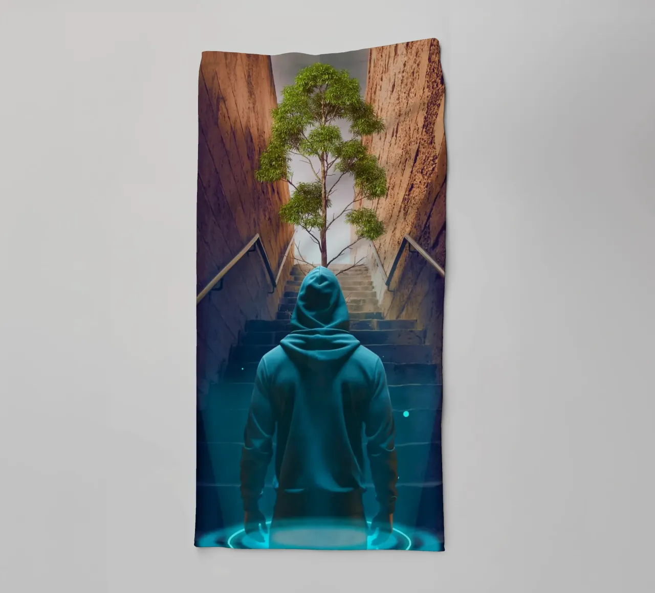 Hooded Figure Ascending Stairs to Tree towel by Berwies Artwork