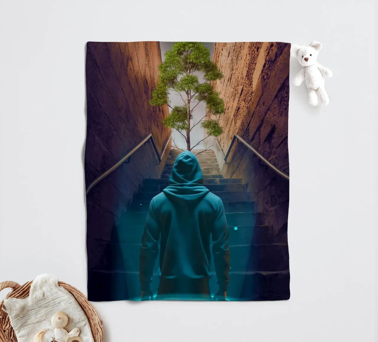 Figura incappucciata che sale le scale verso l'albero coperta in pile da Berwies Artwork