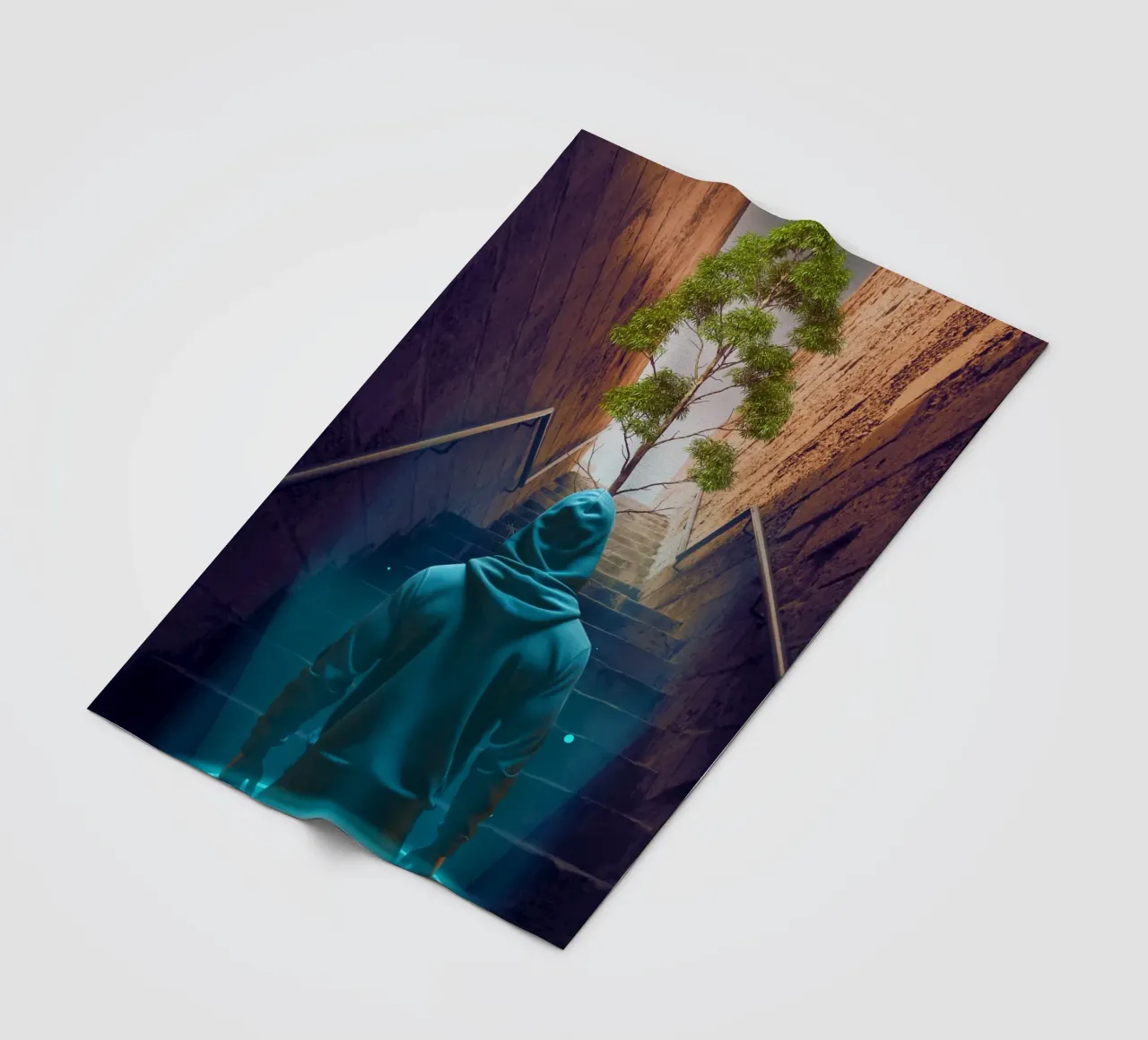 Figura incappucciata che sale le scale verso l'albero coperta in pile da Berwies Artwork