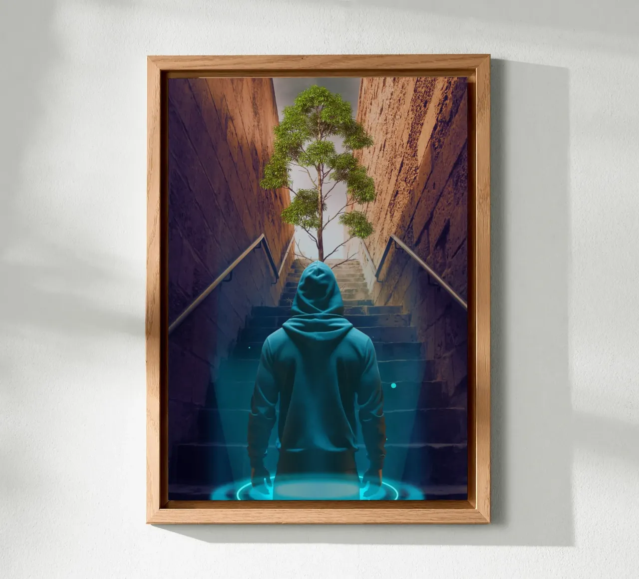Figura incappucciata che sale le scale verso l'albero alluminio dibond da Berwies Artwork