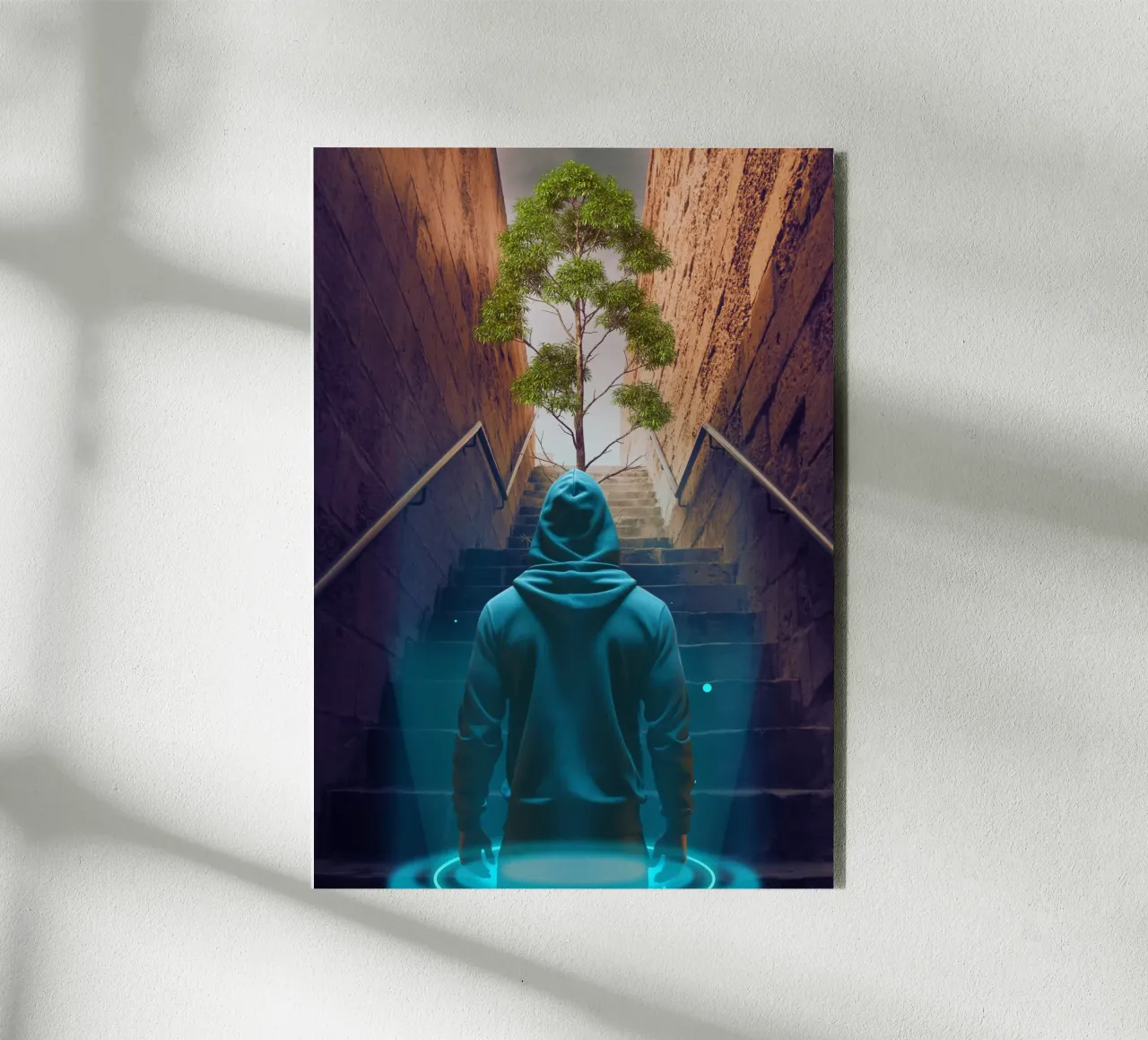 Figura incappucciata che sale le scale verso l'albero alluminio dibond da Berwies Artwork