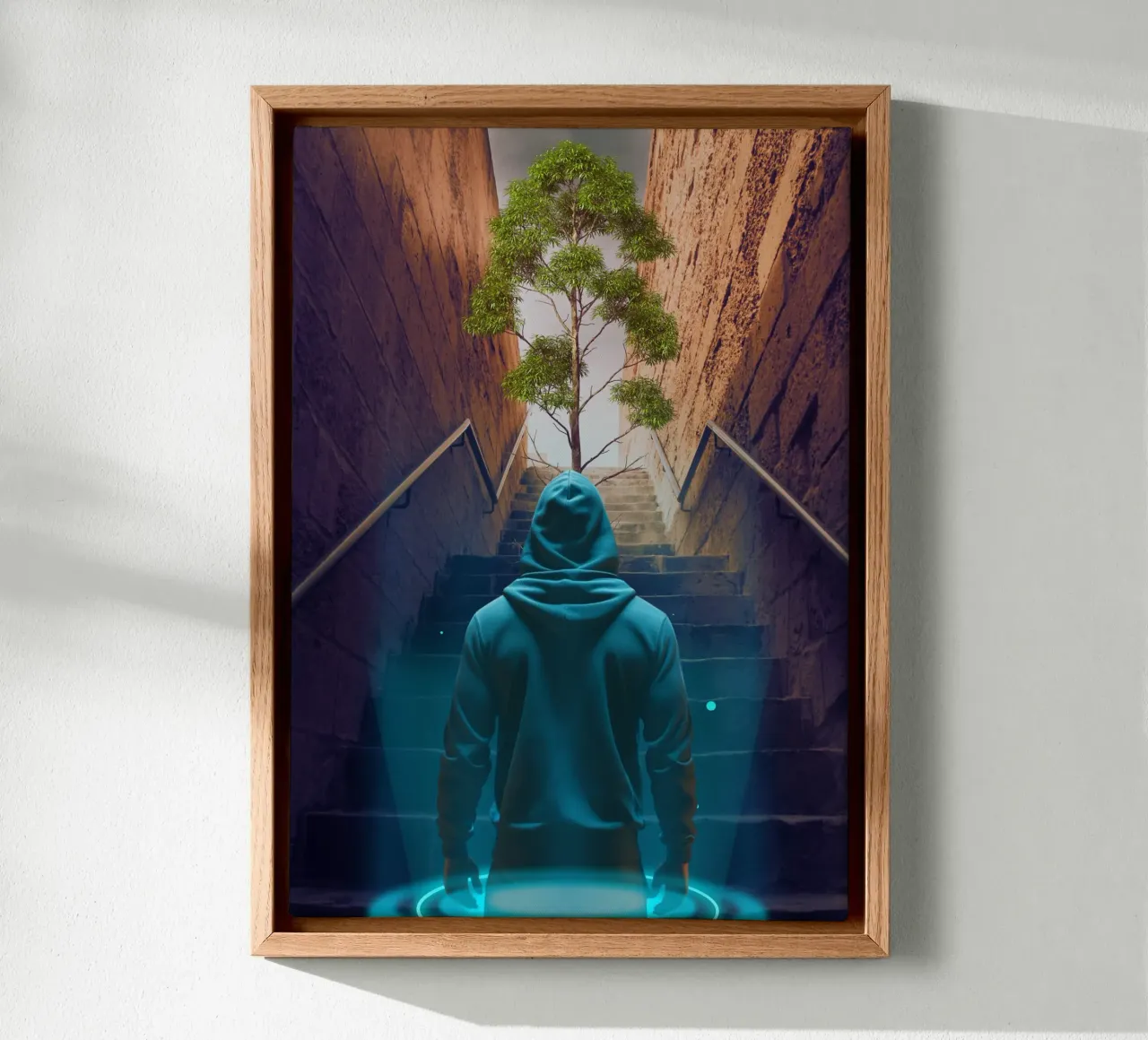 Figura encapuchada subiendo las escaleras hacia el árbol lienzo con Marco flotante de Berwies Artwork