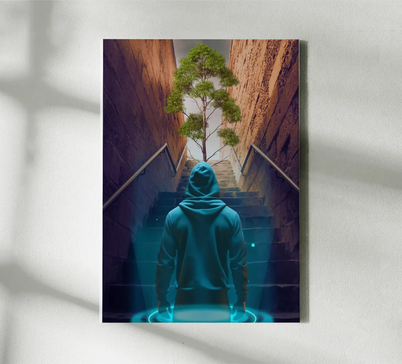 Figura encapuchada subiendo las escaleras hacia el árbol lienzo con Marco flotante de Berwies Artwork