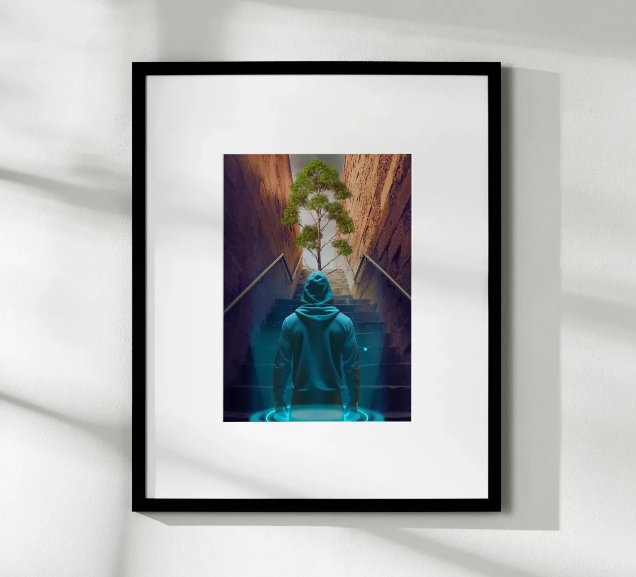 Hooded Figure Ascending Stairs to Tree poster with plastic frame by Berwies Artwork