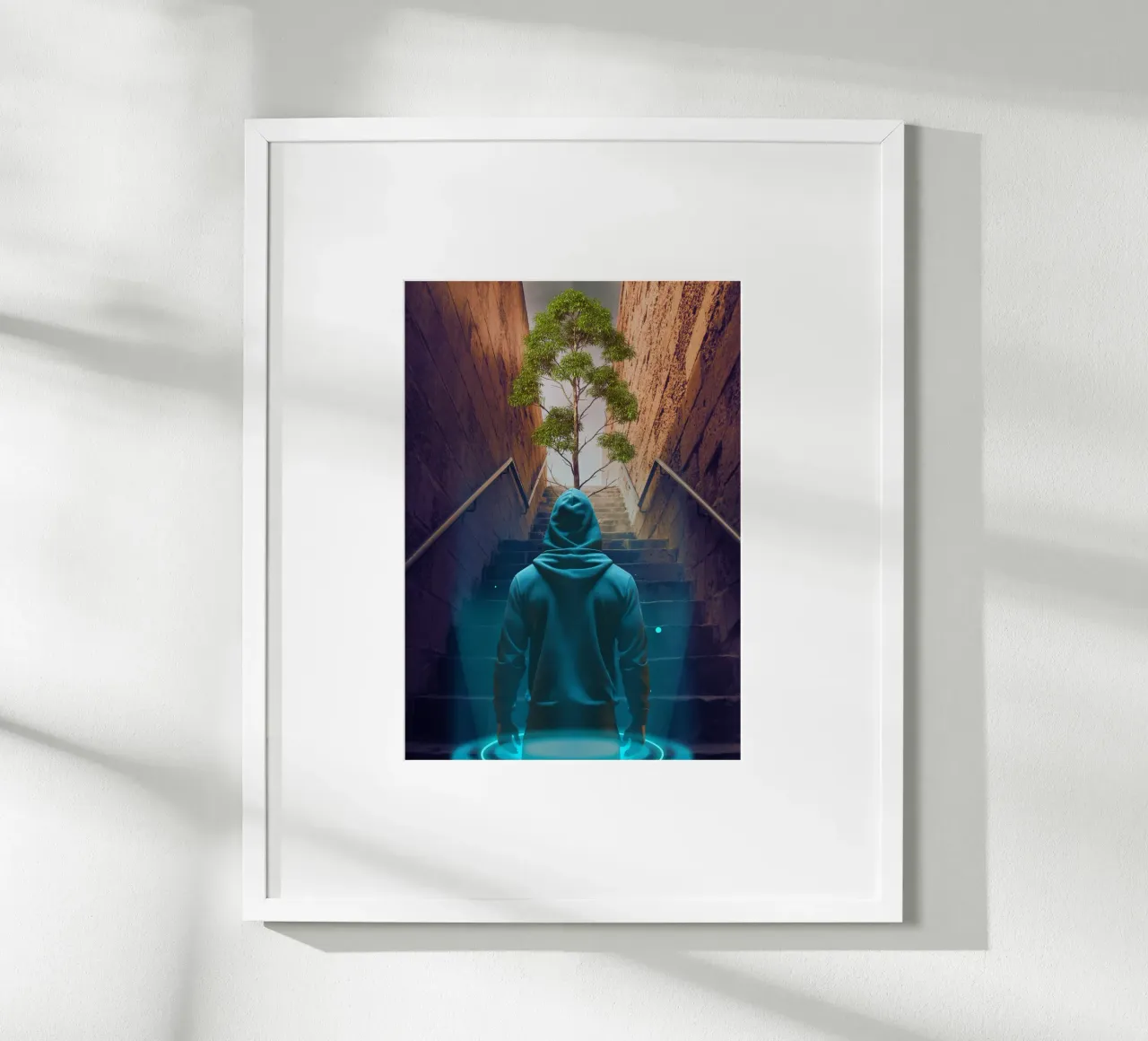 Hooded Figure Ascending Stairs to Tree poster with plastic frame by Berwies Artwork