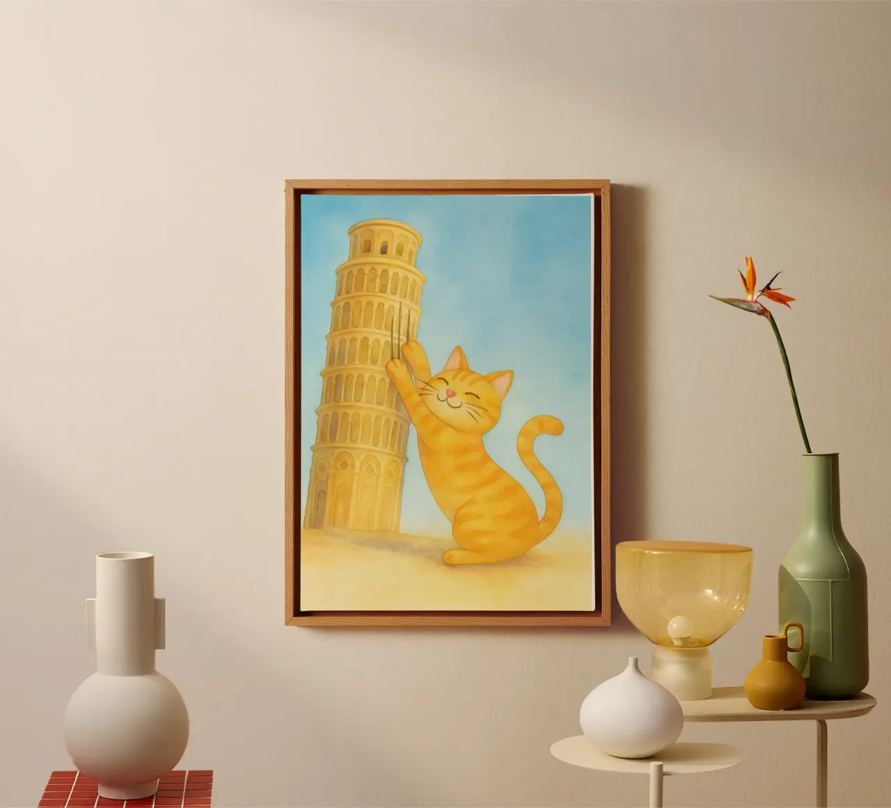 cat and pisa tower drawing canvas with Floater frame by Botania