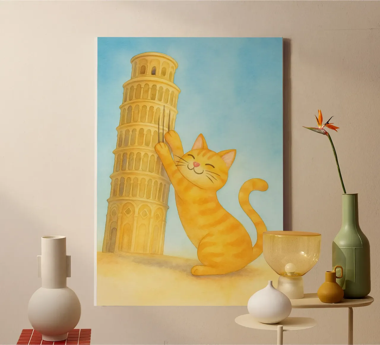 cat and pisa tower drawing canvas with Floater frame by Botania