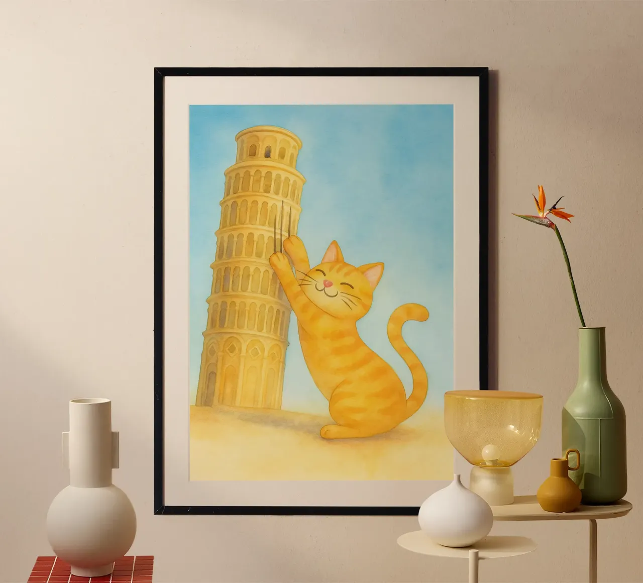 disegno del gatto e della torre di pisa poster da Botania