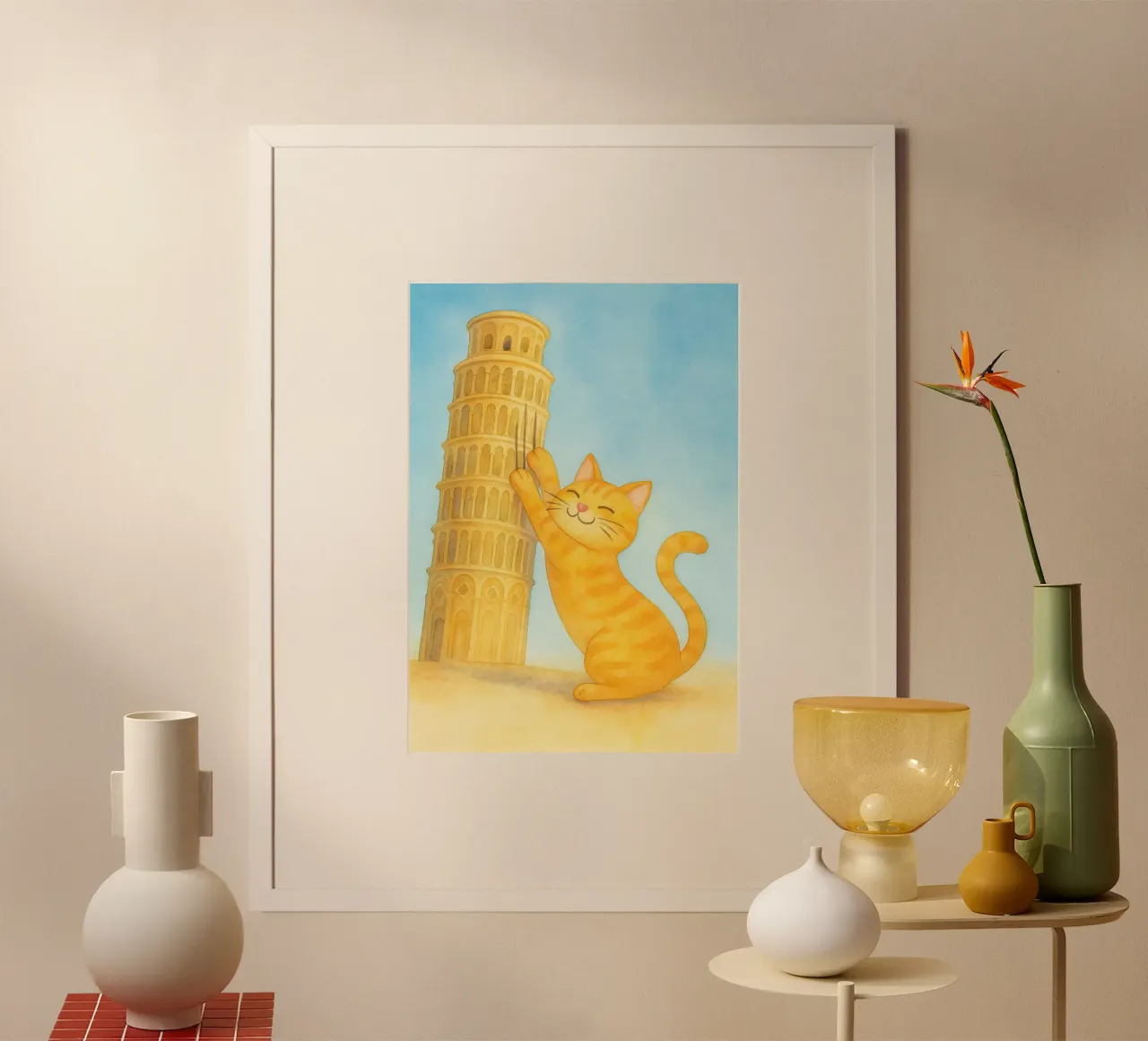 disegno del gatto e della torre di pisa poster da Botania