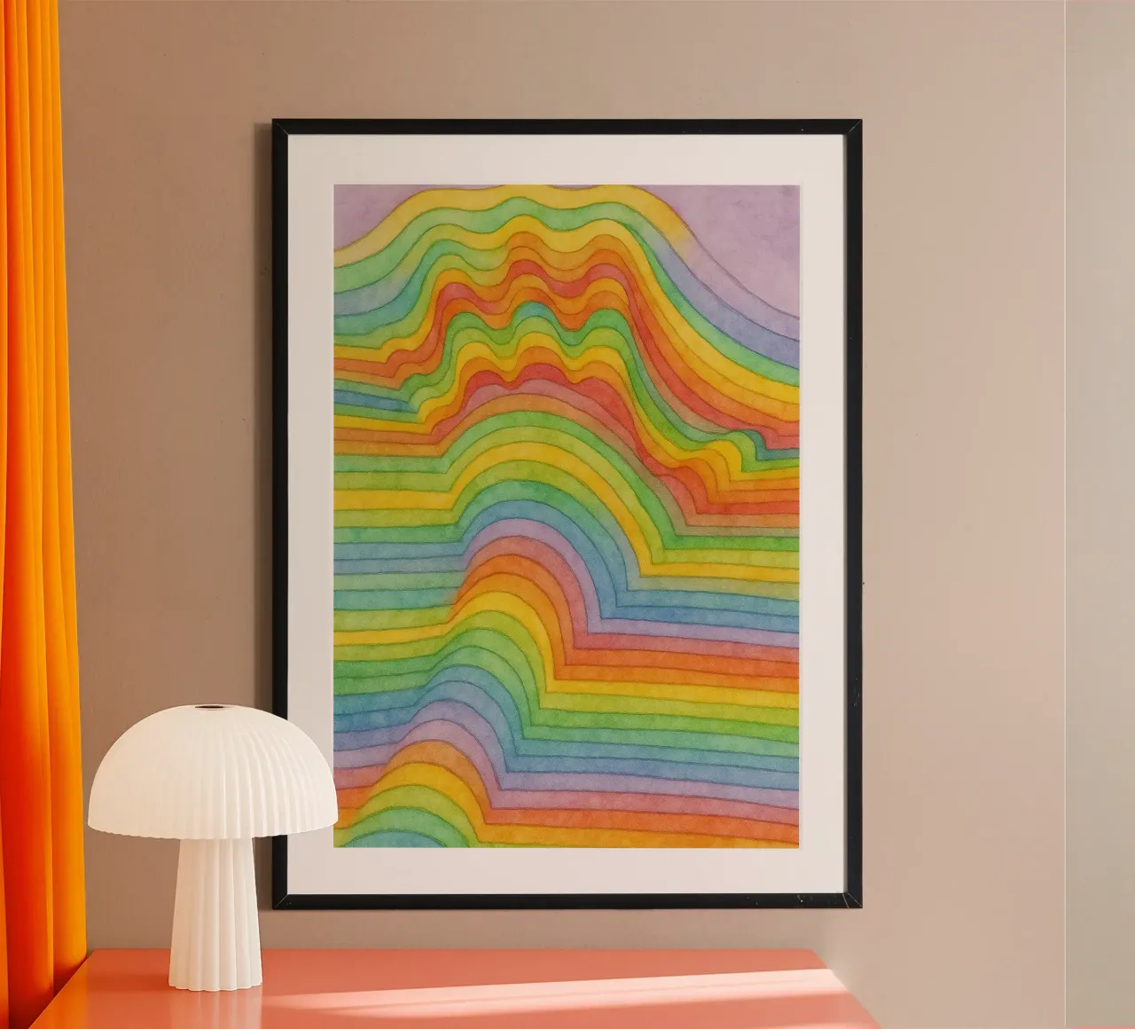 dessin au trait de l'arc-en-ciel de la main poster avec cadre en bois de Botania