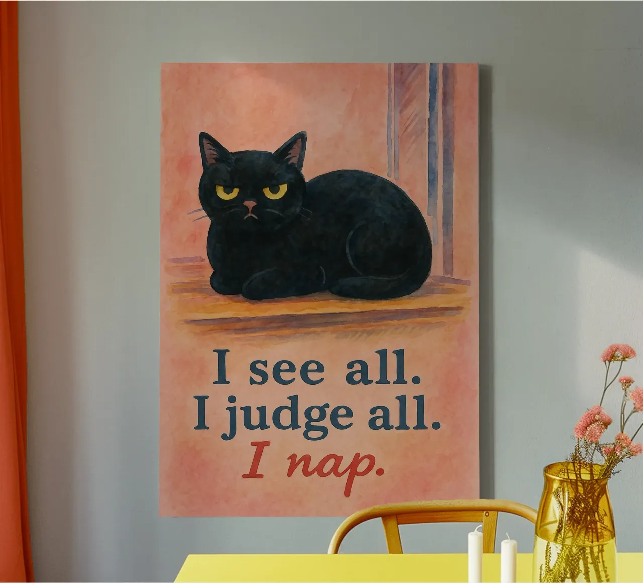 i see all i judge all i nap cat drawing canvas with Floater frame by Botania